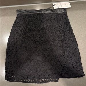 NWT Zara Faux Wrap Lace Overlay Vegan Leather Trim Asymmetric Hem Mini Skirt, XS
